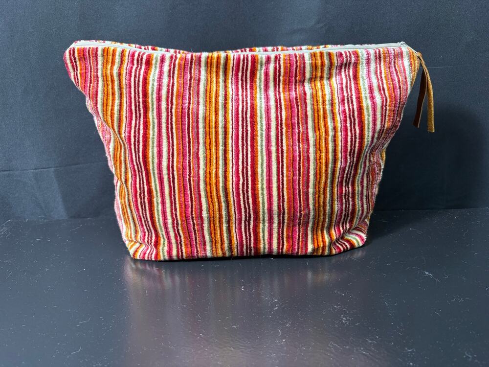Handcrafted Satchel Bag Created with Vintage Striped Velour Fabric Lined Pouch
